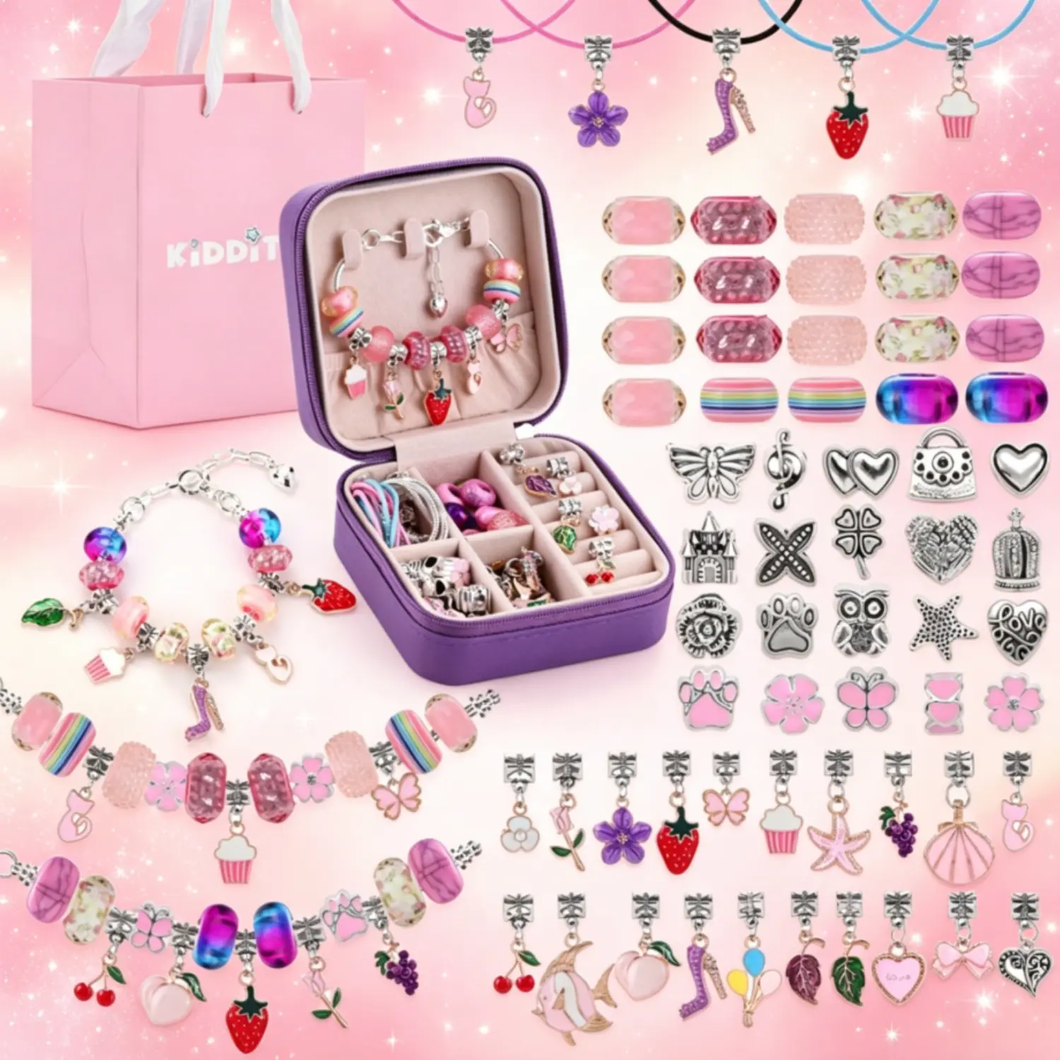 68Pcs Colorful Iridescent Girl Charm Bracelet Making Kit for Girls and Women Cute Pink and Purple DIY Jewelry Set with Special Handbag Charms and Beads Arts & Crafts Idea Birthday New-Year Christmas Grad Bestie Toy Gift for Girls