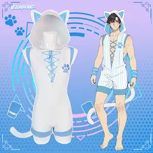 Velombrance Mens Cat Cosplay Hooded Romper Anime Kawaii Festival Rave Outfit With Tail Wristbands AS43
