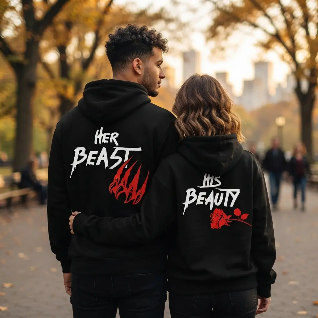 Matching Couple Hoodie Her Beast His Beauty Graphic Hoodie Casual Streetwear Fleece Fabric Pullover Hooded Sweatshirt Trendy Halloween Tops Collection for Women for Men, Perfect Gift