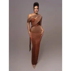 SnuggieTok  Graduation Gala Sexy One Shoulder Draped Glitter Long Dress Women Brown Corset Sparkly Backless Bodycon Maxi Dresses Evening Party Gowns(Sheets)