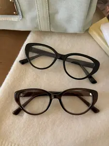 New Trendy Fashion Glasses Small Frame Cat Eye Tea Color Frames High-End Round Face Slimming Plain Mirror
