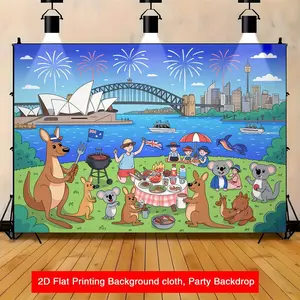 2D Flat 1pc Australia Day Party Backdrop with Sydney Opera House, Kangaroos, Koalas - Australian-Themed Decor for Birthday, Outdoor Events, Easy-to-Hang Photo Background