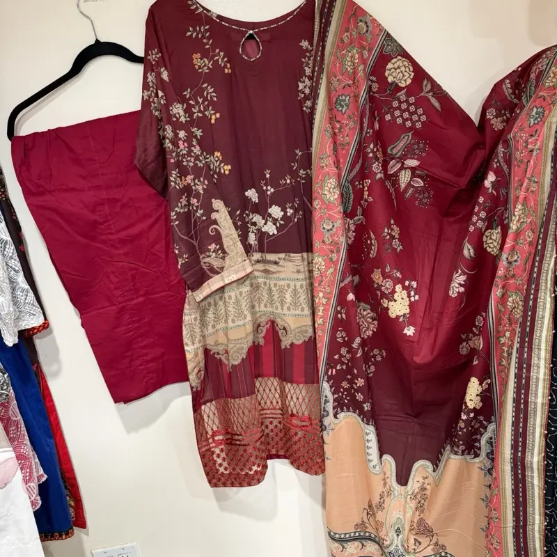 Pakistani Lawn Fabric Casual Suit (46 Size, Large) - Includes Trouser and Dupata, Soft Material , Digital Print Shirt with Embrioded Boder