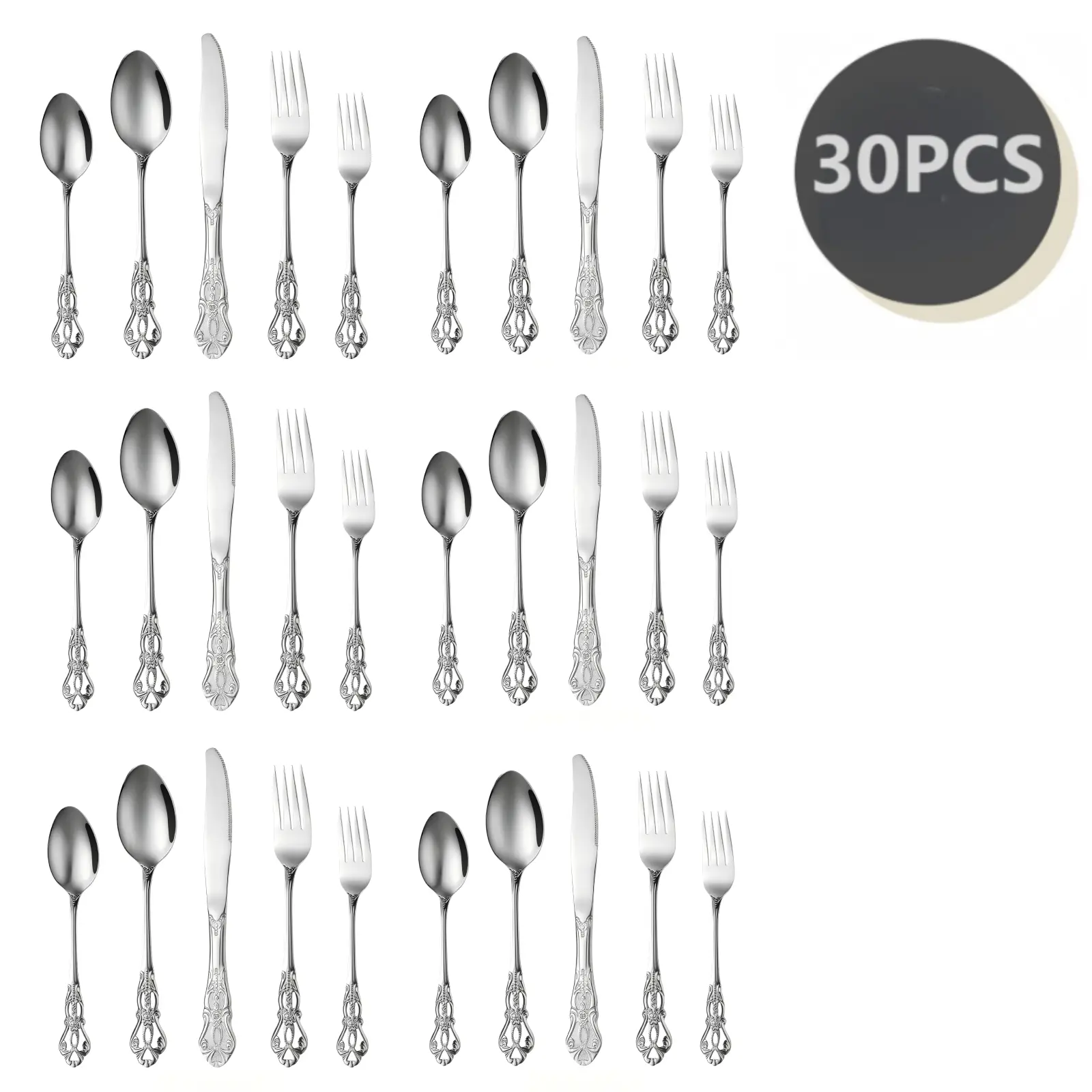 Adult 30-Piece Stainless Steel Silverware Set - 6-Person European Glam Kitchen Cutlery, Rust-Proof Utensils, Dishwasher-Safe Dinnerware with Fork, Spoon for Dinner Parties