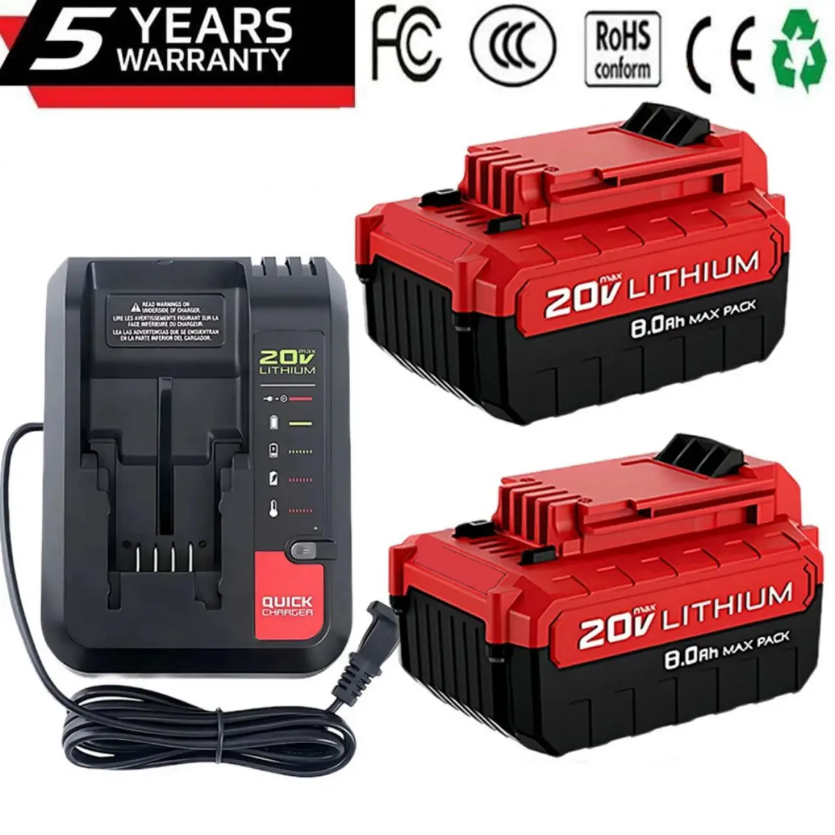 2Pack or 1Pack 20V 8.0Ah Replacement for Porter Cable 20V Battery and PCC692L Charger Compatible with PCC685L PCC680L PCC682L PCC685LP for Power Tool