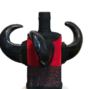 Bossou Bottle Boutey with Vèvè or Without Unique Red and Black Design Featuring Horns and Beaded Accents