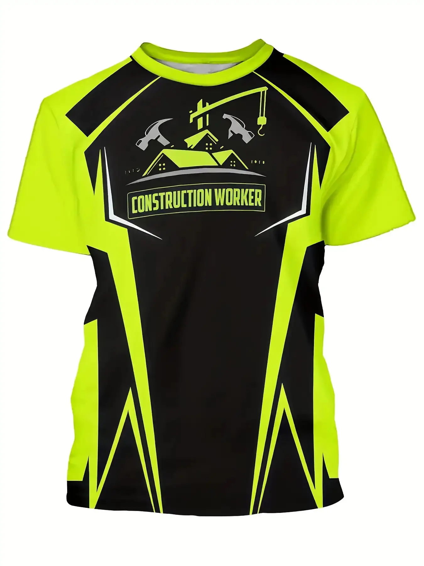 Neon yellow and black, Safety construction worker T-shirt, featuring helmet and tool patterns, breathable, personalized name/sign, machine washable, suitable for construction sites and daily wear, round neck, regular fit, Workwear