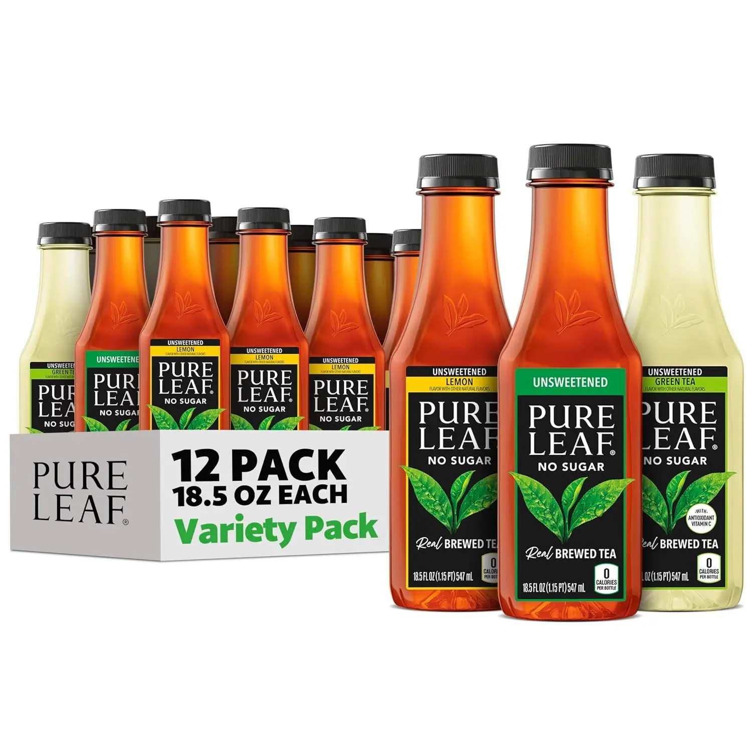 Pure Leaf Iced Tea, Unsweetened 3 Flavor Variety Pack, Zero Sugar & Zero Calories, 18.5 Fl Oz Bottles (Pack of 12)