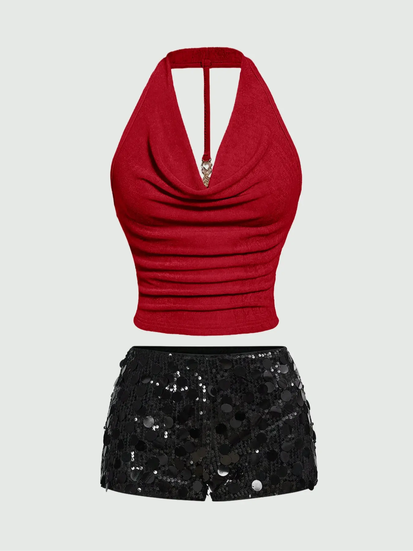 Ladies' Fashion Knit Two-Piece Set Solid Color Halter Neck Sequin Shorts Top Outfit, New Casual Women's Wear.