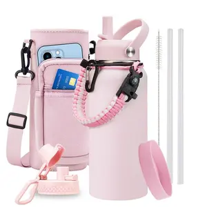 Insulated Water Bottles 32oz/40oz/64oz with Straw & Flip Auto Lid, BPA-Free, Stainless Steel Water Bottle Shoulder Carrier Bag, Metal Water Bottle with Handle Paracord