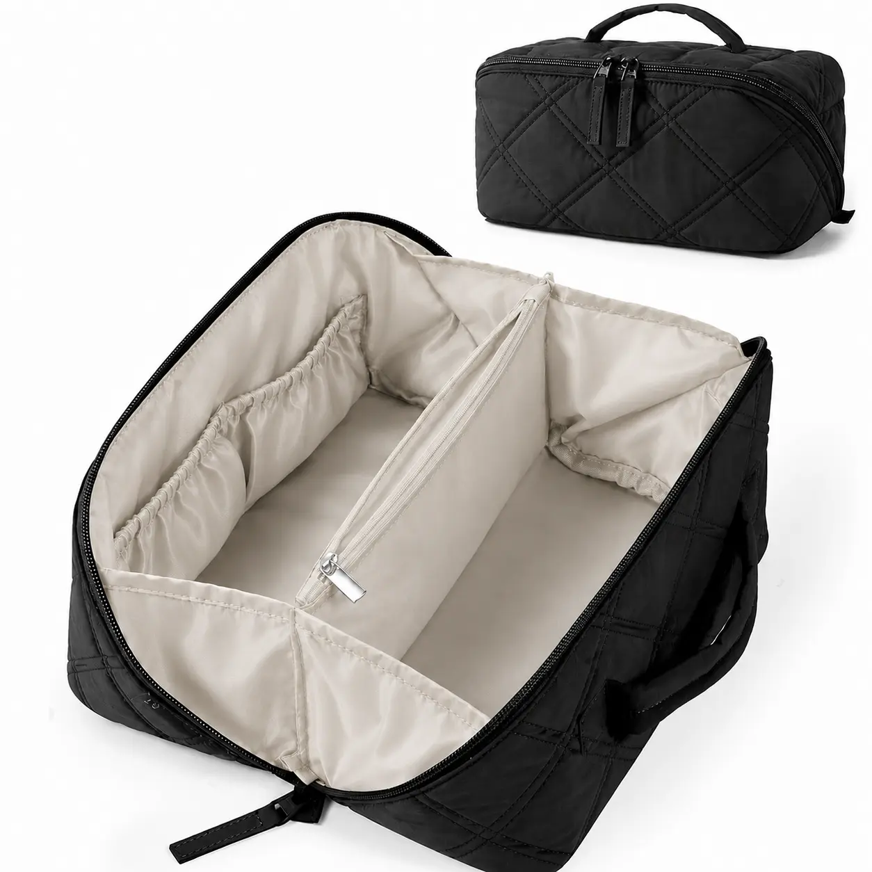 Quilted makeup bag for women, suitable for all seasons and travel; 180° wide-open toiletry cosmetic organizer with divided inner compartments; portable handheld waterproof makeup case for travel, bathroom, and everyday beauty storage.