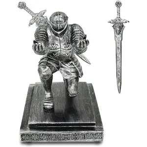Knight Pen Holder with a Sword Kneeling Soldier Pencil Stand Desk Organizers Fancy Cool Medieval Gift for Men Dad Boyfriend Husband Son Office Home Decor