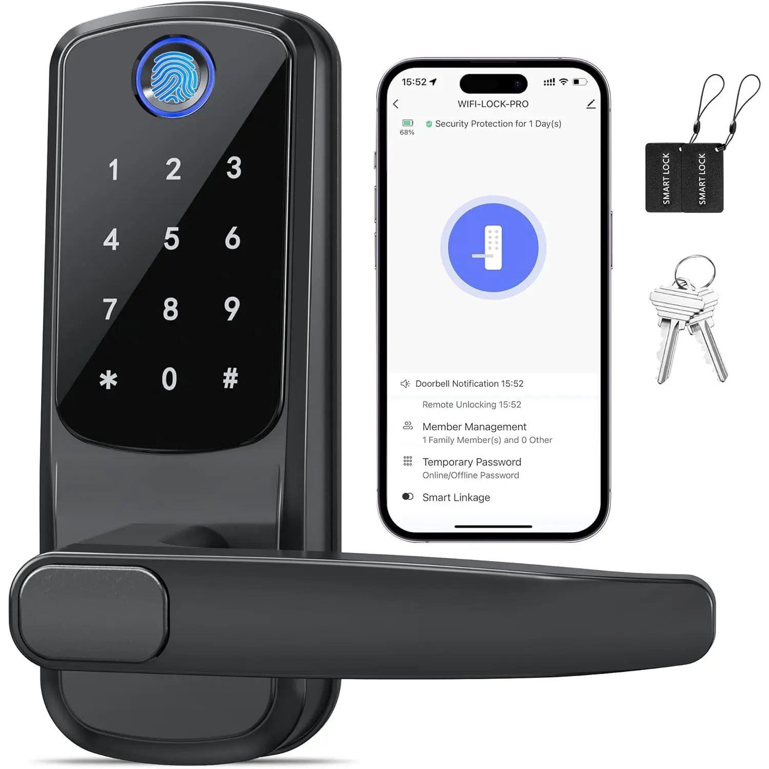 Keyless Entry Door Lock with Handle, Built-in WiFi Deadbolt, Smart Fingerprint Security Lock for Front Door, Support Doorbell Call and APP Unlock, Easy Installation, Matte Black(Free gift of 1 set of screwdrivers)