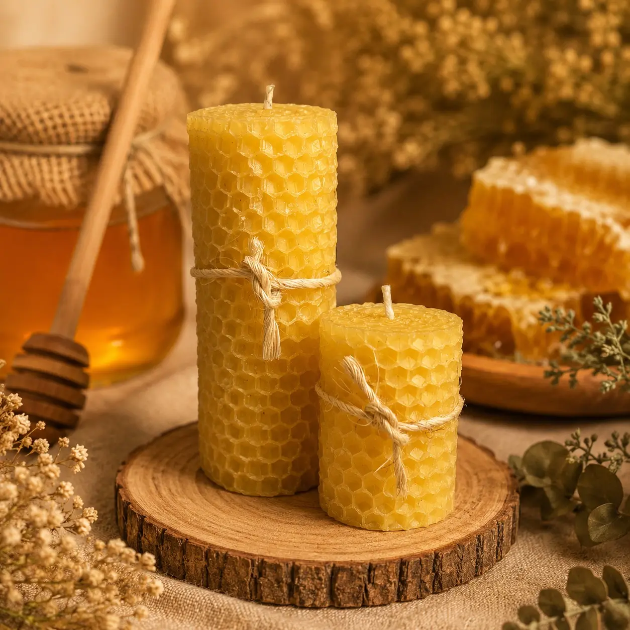 Handmade Beeswax Honeycomb Rolled Wick Unscented Candles, 2-Piece Yellow Multipack with 2 Sizes for Home Decor