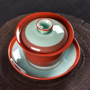 [Jihong Yingqing Series]Longquan Celadon Covered Bowl / Teacup with Lang Kiln Red Glaze and Douqing Inner Glaze, High-Temperature Kiln Change Ceramic Kung Fu Tea Set, Collector's Gift Box for Festivals/Relocation Gifts