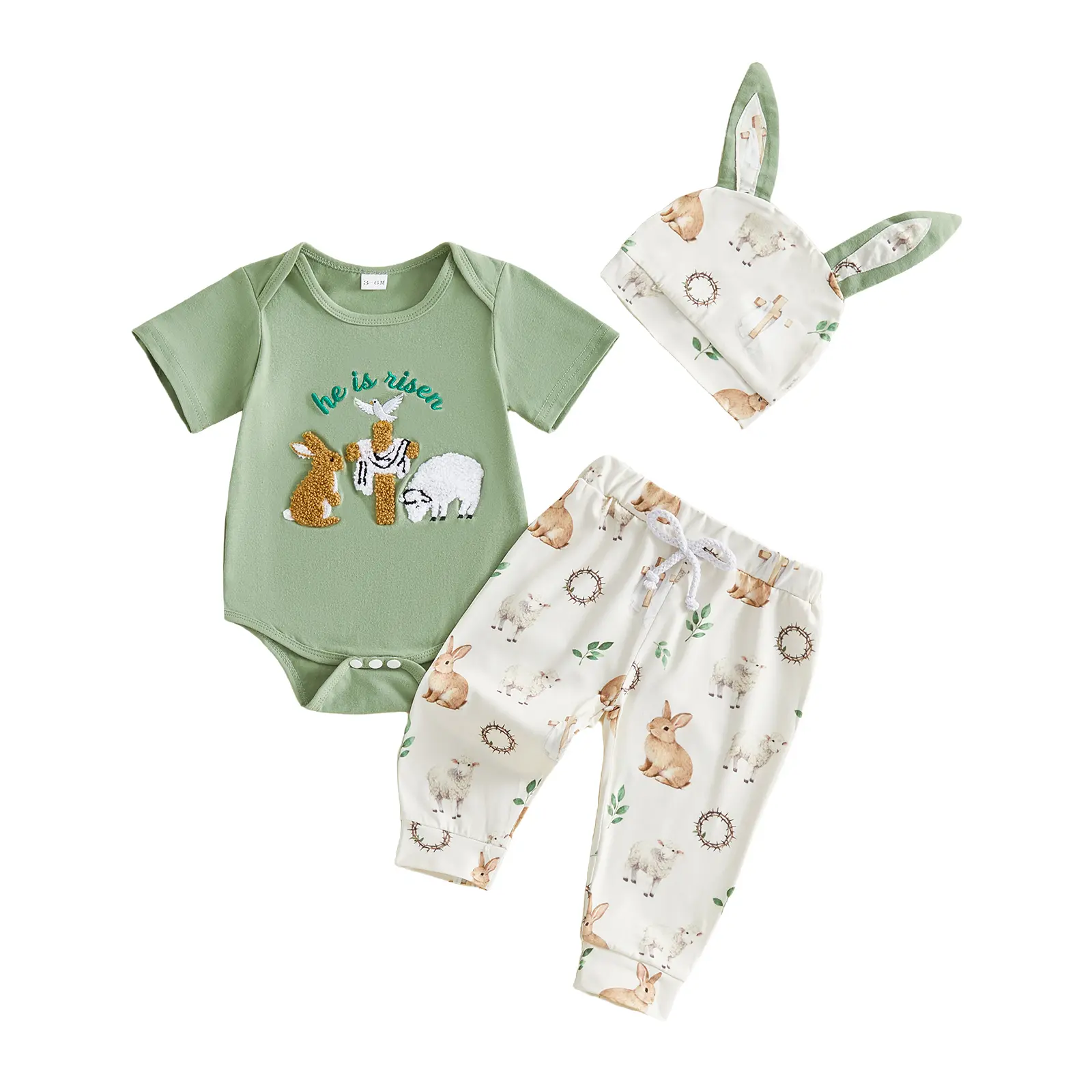 Babamoon 0-12 Months Baby Boys' Easter Gift Sets - Short Sleeve Romper with Bunny, Sheep, "He is Risen" Embroidery, Pants & Hat, Crew Neck