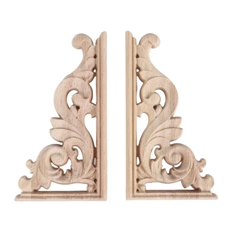 2 pieces (left and right, each 1 piece): vintage wooden carved corner onlays for furniture and wall decor; unpainted frame applique