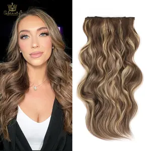 [ Qbeauty ] Warm Bronde  Clip- in Synthetic Hair Extensions Long Wavy 4PCS Thick Hairpieces Double Weft Natural Hair Extensions for Women
