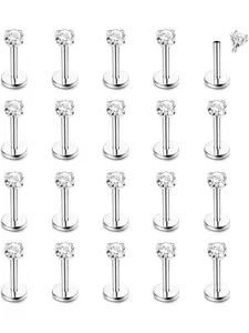 20pcs 16g Labret Piercing Jewellery Set with 316L Steel and Cz Ball in Silver Color and, Tragus Earrings for Helix and Cartilage, Body Piercing Jewelry High Quality Jewelry