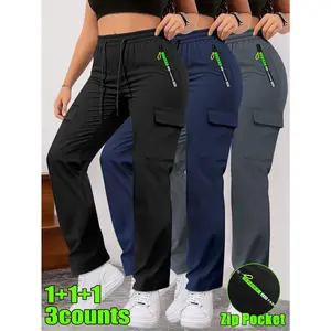 Women's 3-Pack Lightweight Breathable Cargo Drawstring Joggers - Casual Straight Leg Trousers with Zip Pockets, for Hiking, Daily Wear - 3 Colors