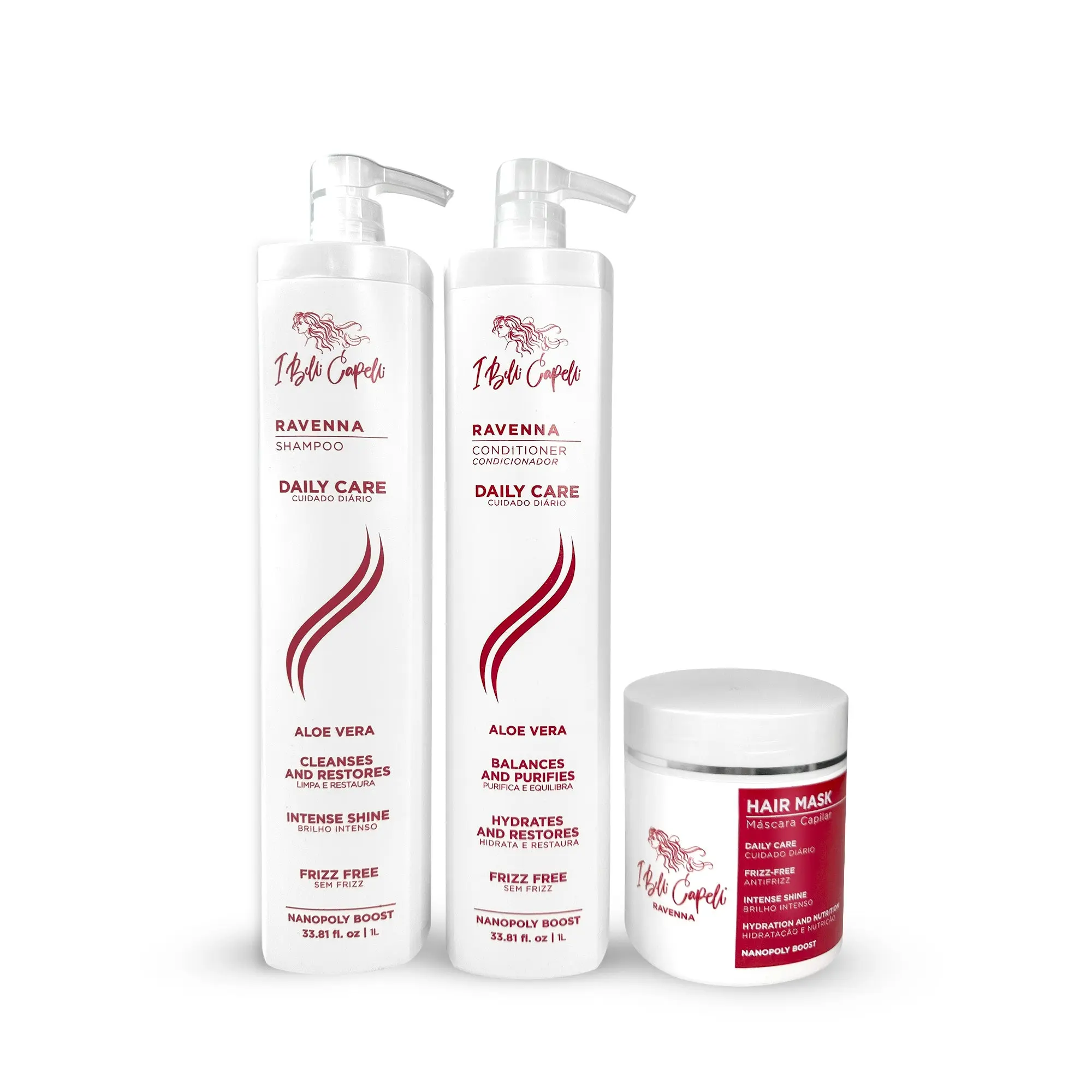 I Belli Capelli Ravenna Daily Hydrating Haircare Kit - 2x1L Shampoo & Conditioner, 500g Intensive Gentle Aloe Cleanser Mask for Dry Scalps, Anti-Hair Loss Support, Radiant Results