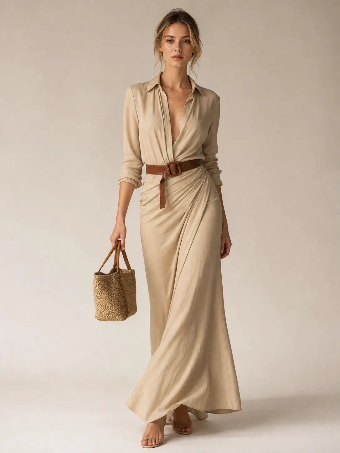 Women's 2026 Fall US Chic Plain Full-Length Polyester Shirt Dress, Longsleeves V-Neck High-Waist Irregular Ruched Wrap Dress with Belt, Wedding Guest Work Casual Outfit (XS-5XL), Dress For Wedding Guest, High-Waisted