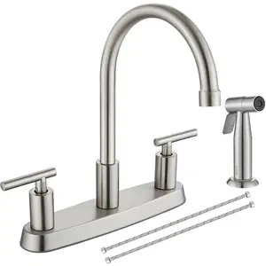 Kitchen Faucets, High Arc 360° Rotating Spout Kitchen Sink Faucet 2 Handle 8 Inch Centerset RV Kitchen Faucet with Supply Lines, 3 Hole Kitchen Faucet with Side Sprayer, Brushed Nickel