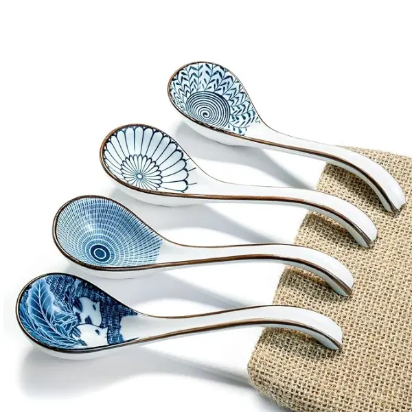 Traditional Asian Ceramic Soup Spoons - V86E Long Non-Slip Handle Cutlery, BPA-Free Dining Tableware for Japanese Ramen, Chinese Wonton Noodles