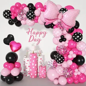 Party Pink Mouse Balloon Garland Arch Kit for Cartoon Mouse Theme Birthday Party Decorations Girl, Pink Black Rose Red Bow Foil Balloons Banners for Mouse Party Supplies
