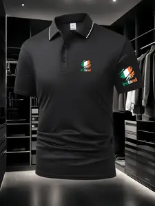 Men's Ireland National Flag Element Print Polo Shirt - Chest & Sleeve Double Print Design, Minimalist & Stylish, Soft & Comfortable Summer Short Sleeve, Casual Daily Top