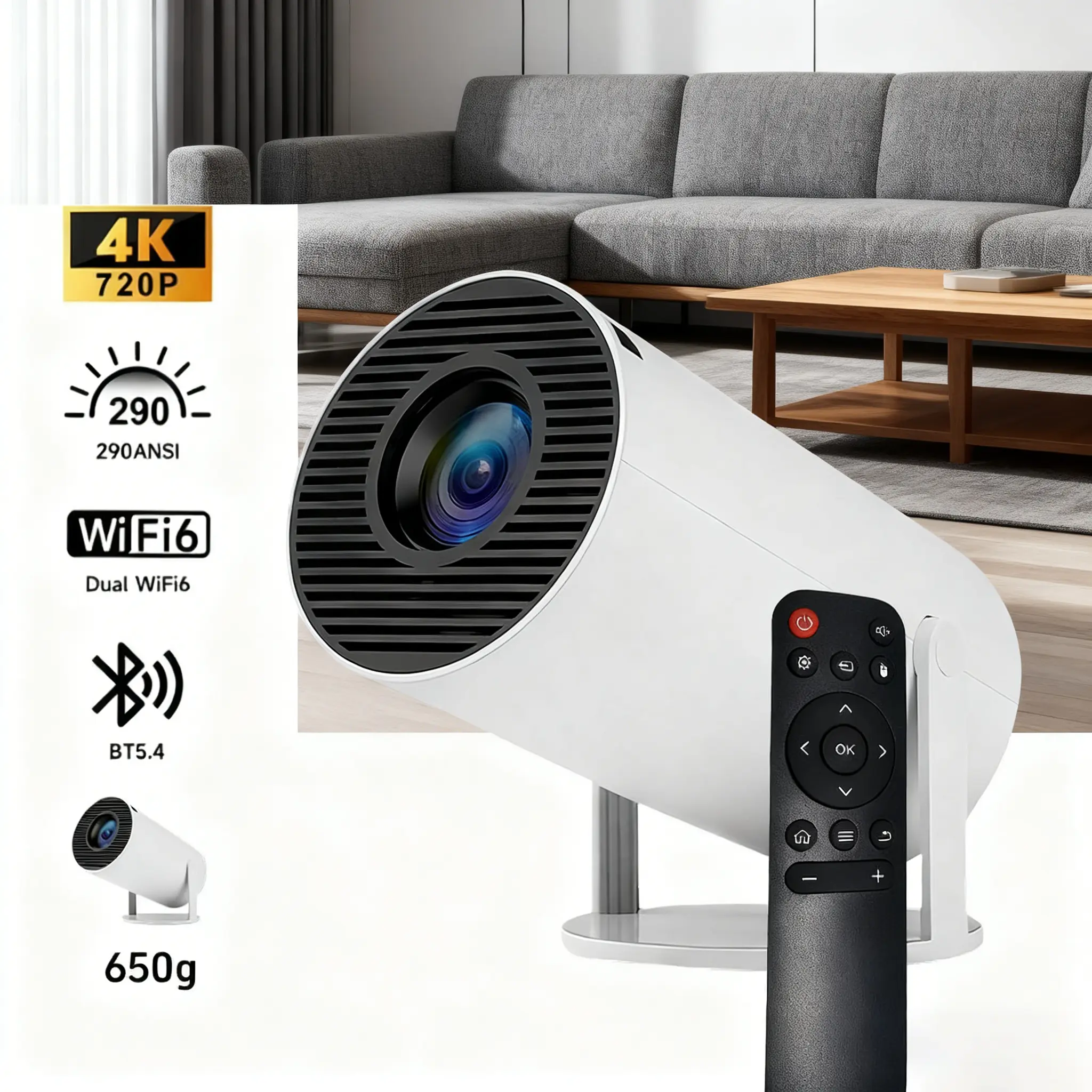 Mini Portable Tabletop Pico Home Cinema Smart Projector - 720P Full HD LED, 290 ANSI Lumens, Wireless Bluetooth 5.4, WiFi, Android OS, Auto Keystone, 180° Rotatable, 130" Screen, Built-In Speaker, Remote Control, Mount Compatible for Game & Space Use, Aud
