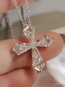 Women's Elegant Copper Pendant Necklace with Artificial Zirconia Stone, Wedding Party Jewelry Gift Box Included, Zirconia Cross Pendant