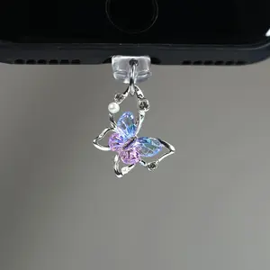 3pcs and 5pcs phone dust plug set with 3D butterfly featuring pearl rhinestones, finely crafted and layered details, phone accessory hanging accessories, dust plug set for iPhone/type-c devices, Cell Phone Charm