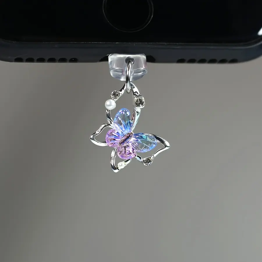 Phone Dust Plug Set with Pearl Rhinestones 3D Butterfly, Elegant Detailing, Phone Accessory Charm, for iPhone/Type-C, Best Gift for Women, Cell Phone Charms, Cute Phone Charm, Acrylic Charm, Phone Accessories Charm, Cutie Phone Charm