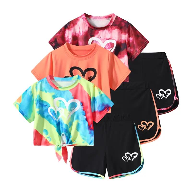 #SummerVibes Girls' 6-Piece Summer Set Alphabet-Printed Vacation T-Shirt and Dolphin-Printed Shorts—a sports set perfect for children's sports leisure and dance activities