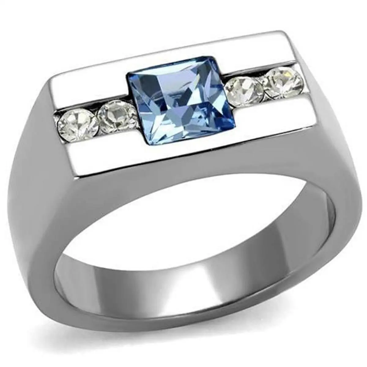 212 MAIN Men's High-Polished Stainless Steel Aquamarine Ring with Top-Grade Crystal Stones, Size 11