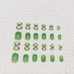 Wm-24pcs Checkerboard Nail Art Stickers, Detachable False Nails, Perfect for Brides, Ready-To-Wear Nail Tips, Elegant Design