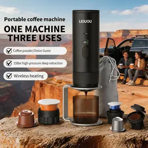LIOUOU 3-in-1 Portable Espresso Maker, 15 Bar Auto-Heating Coffee Machine with LED Display, Fits Ground Coffee & NS DG Capsules, Portable TravelCoffee Brewer for Car Camping Office