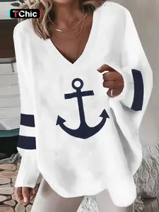 Women's Striped & Anchor Print Drop Shoulder V Neck Sweater, Casual Long Sleeve Pullover Jumper for Daily Wear, Comfy Women's Knitwear for Spring & Fall