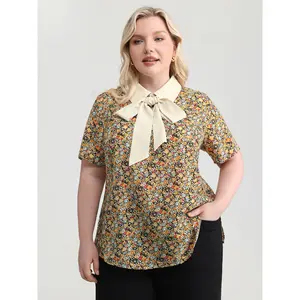 BloomChic Women's Plus Size Short-Sleeve Nostalgic Floral Print Ribbon Tie Neckline Blouse Top, Multicolor Spandex Clothes, Smooth Fit Garment, M-6X Sizes, 2026 Summer Mother's Day Pick Swimweek