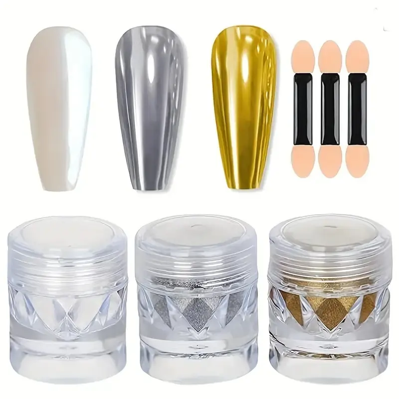 3-Piece Nail Glitter Powder Set, Aurora Mirror Effect Holographic Gold Silver Chrome Dust, DIY Nail Art Decoration, Glitter Powder Decorations, Nail Art Supplies