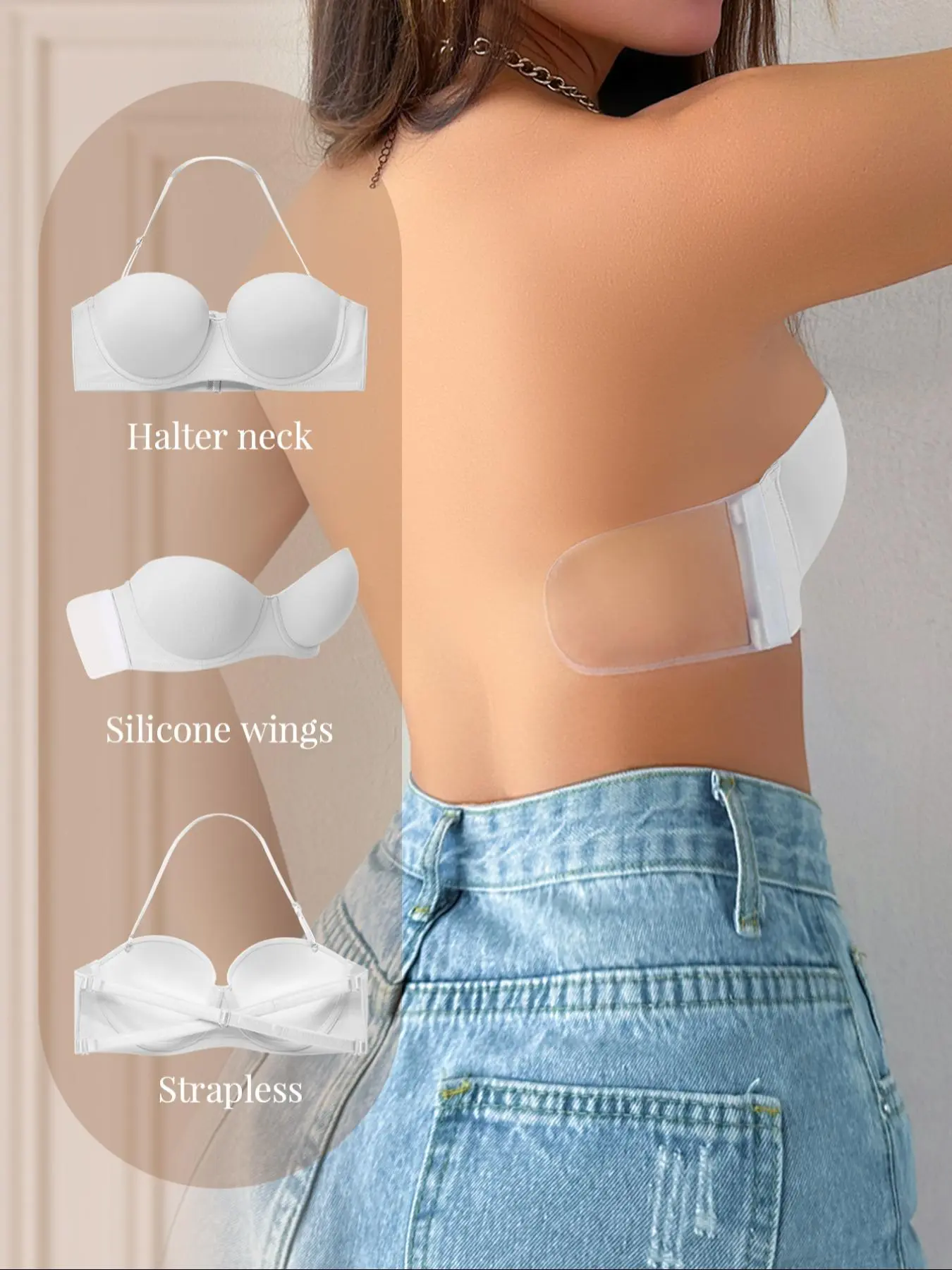 Women's Solid Color Convertible Bra, Multiway Bra, Convertible Underwire Bras, Strapless & Halter Neck Multi-Way Wear, Underwire Push-Up with Silicone Side Wings, Cross Back Design, Supportive Comfortable Bra for All Seasons