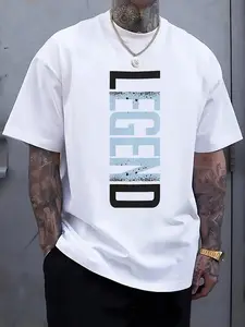 Men's Casual LEGEND Print Crew Neck Short Sleeve T-Shirt - Black With Blue Lettering, Lightweight Polyester Blend