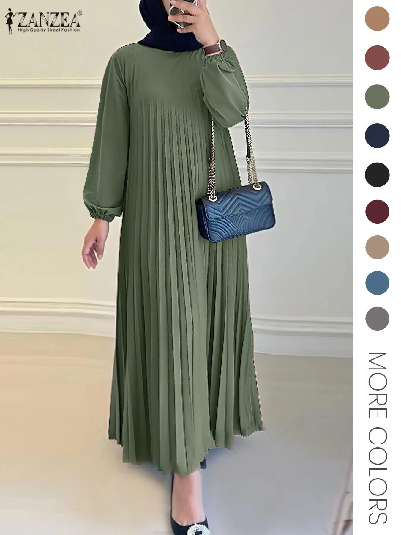 ZANZEA Women's Solid Color Bishop Sleeve Pleated Kaftan Dress, Modest Muslim Clothing Long Sleeve Keyhole Neckline Dress for Party Holiday Wedding Guest, Ladies Fall & Winter Clothes
