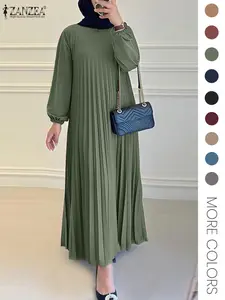 ZANZEA Women's Solid Color Bishop Sleeve Pleated Kaftan Dress, Modest Long Sleeve Keyhole Neckline Dress for Party Holiday Wedding Guest, Ladies Fall & Winter Clothes