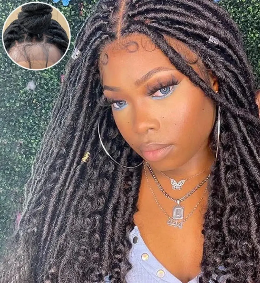 Lola, 26 inch Stunning Goddess Locs with Curls 4x4 Braided Lace Closure Wigs 100% Hand-Braided
