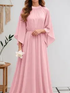 ZANZEA Women's Casual Style Dress, Round Neck, Three-Quarter Bell Sleeve, Contracted Waist, Pleated Mid-Length Design, Perfect for Daily and Everyday Wear