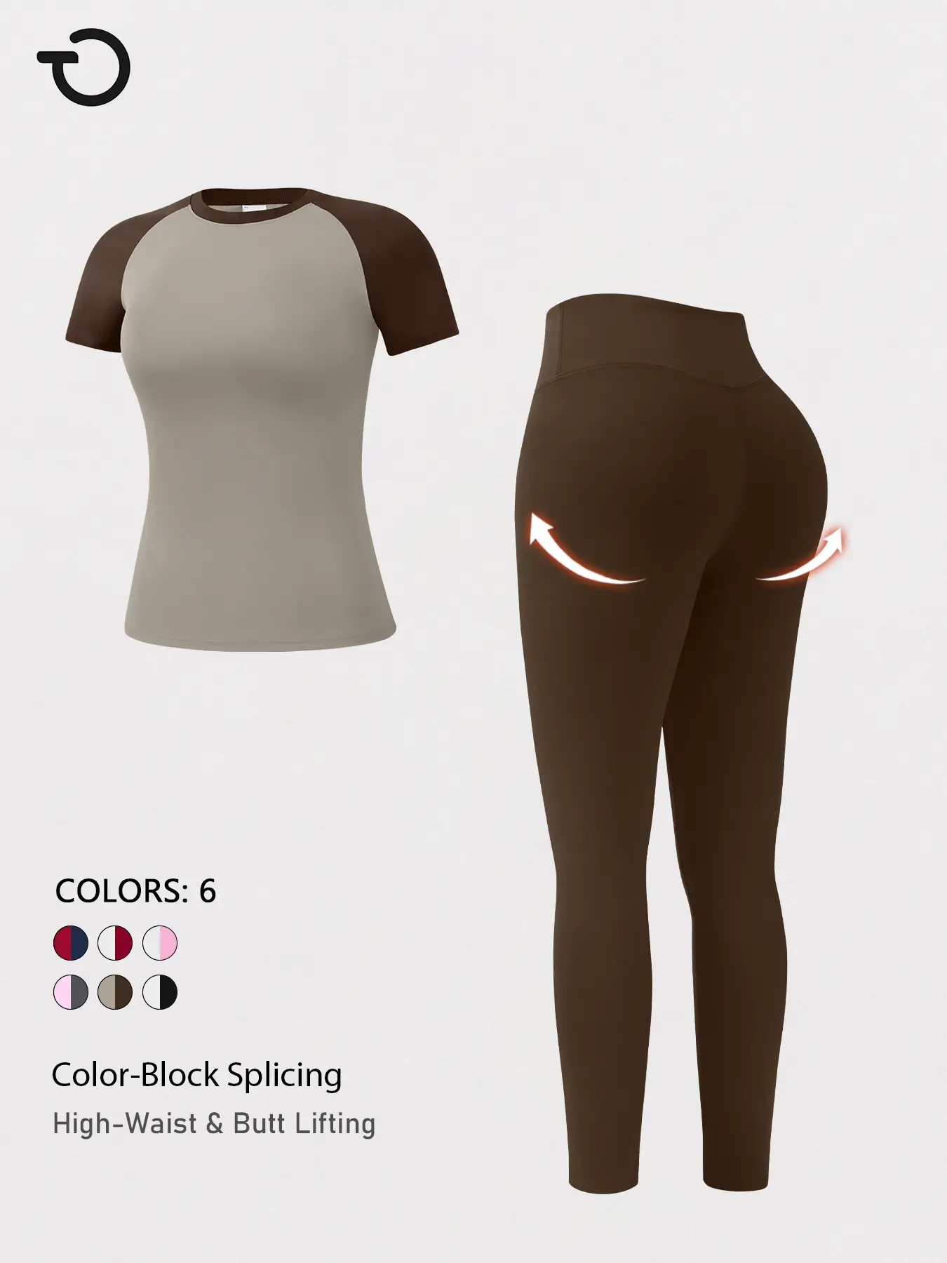 TimeOFF Women's 2 Piece Matching Set - Color Block Workout Outfit with Short Sleeve Top & High Waist Butt Lifting Leggings for Yoga, Outfits, Women's Clothes, 2 Piece Sets, Workout Sets Women