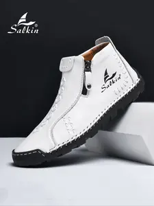 Men's Handmade Vintage Zipper Rubber Boots, Simple Fashion Round Toe Short Ankle Boots, Suitable for All Seasons, Casual Outdoor Walking Shoes, Footwear, Classic Boot