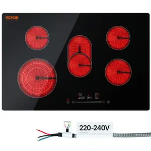 VEVOR Built-In 5-Burner Electric Glass Top Cooktop (LT5-32 Model), 30.3x20.5in Heatproof Glass, 240V 8600W Total Radiant Stove, Sensor Touch Control, Time Function, Child Lock, 9 Power Levels for Simmer/Fry, Universal Cookware Compatible